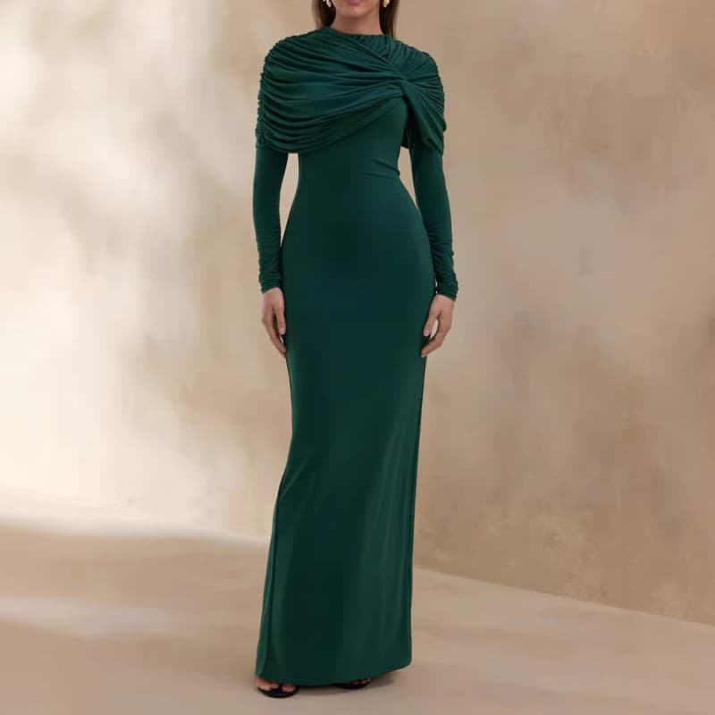 2026 New European and American Amazon Cross-border Women's Fashion Long Sleeve Round Neck Pleated Bodycon Dress