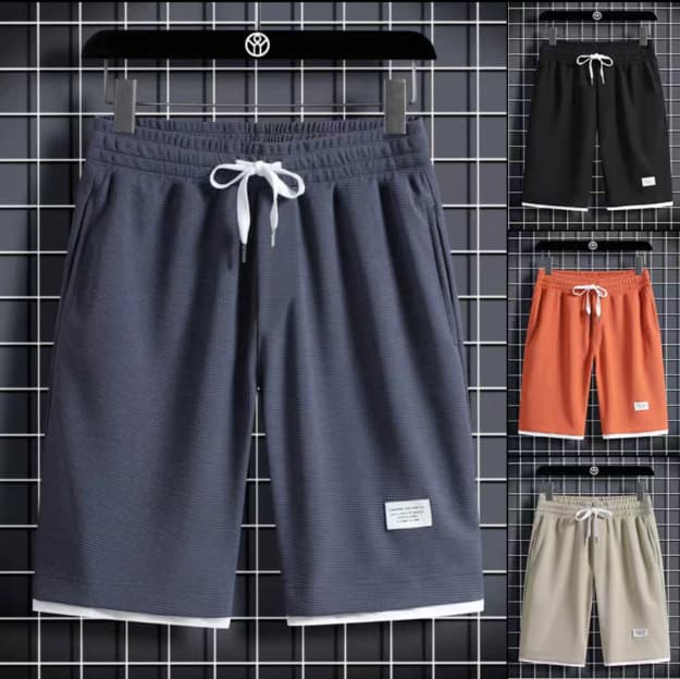Waffle Texture Shorts Men's Two-Layer Loose Casual Mid-Length Summer Thin Trendy Basketball Quick-Dry 5-Inch Shorts