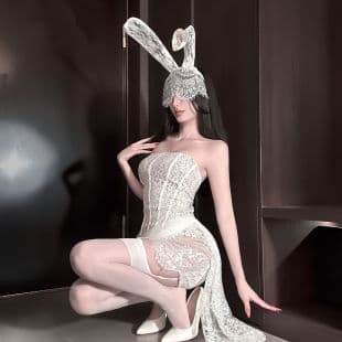 Lace Sexy Tube Top Dress Fishbone Backless Sexy Short Dress DM Halloween Party Bunny Ear Headband New