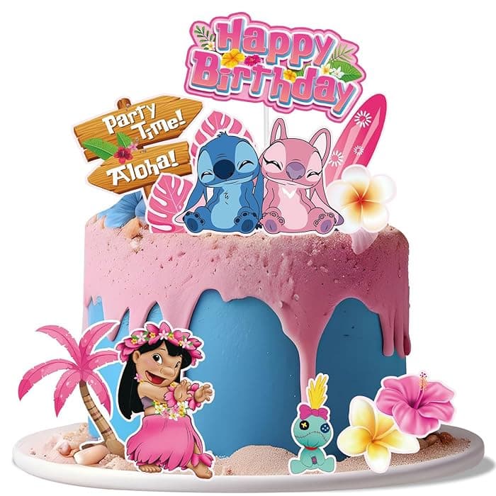 Pink girl theme Stitch cake card Birthday party pink Stitch cartoon character flag INS