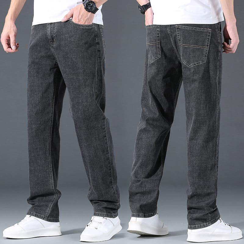 High-end gray jeans for men, loose straight leg, middle-aged and elderly men's deep crotch high waist wide leg casual dad pants