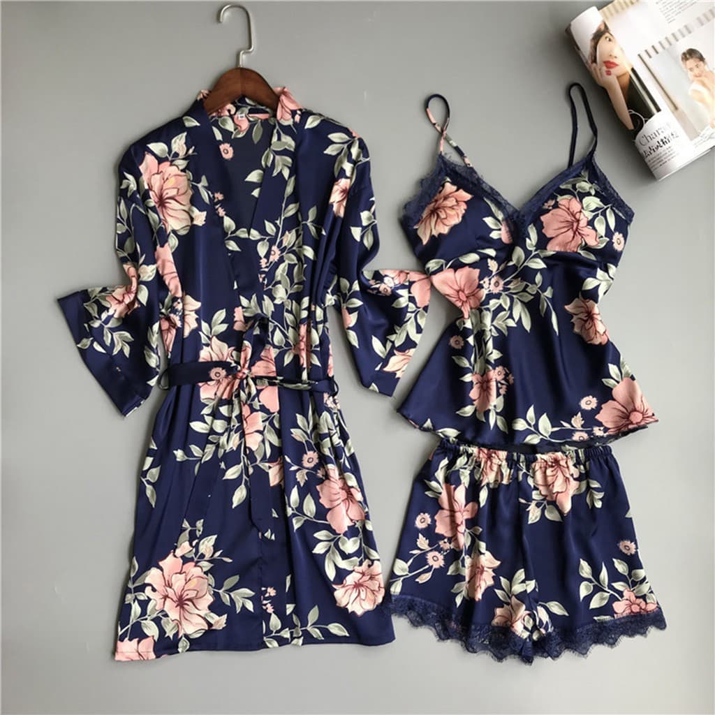 Women's Summer Sexy Three-Piece Pajama Set, Korean Style Camisole Pajamas, Loungewear with Bra Pads, Thin Style