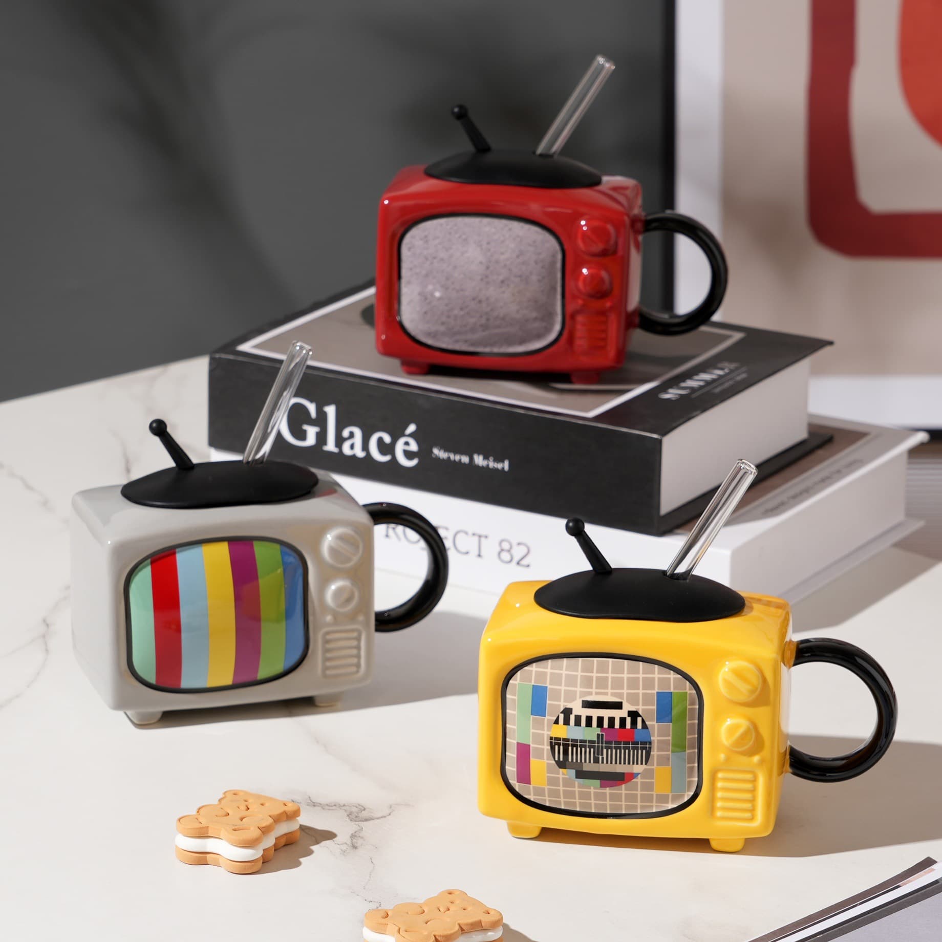 Retro Ceramic Mugs with Straws Cartoon TV Show Design Quirky Personalized Water Cups Nostalgic Drinking Glasses Gifts