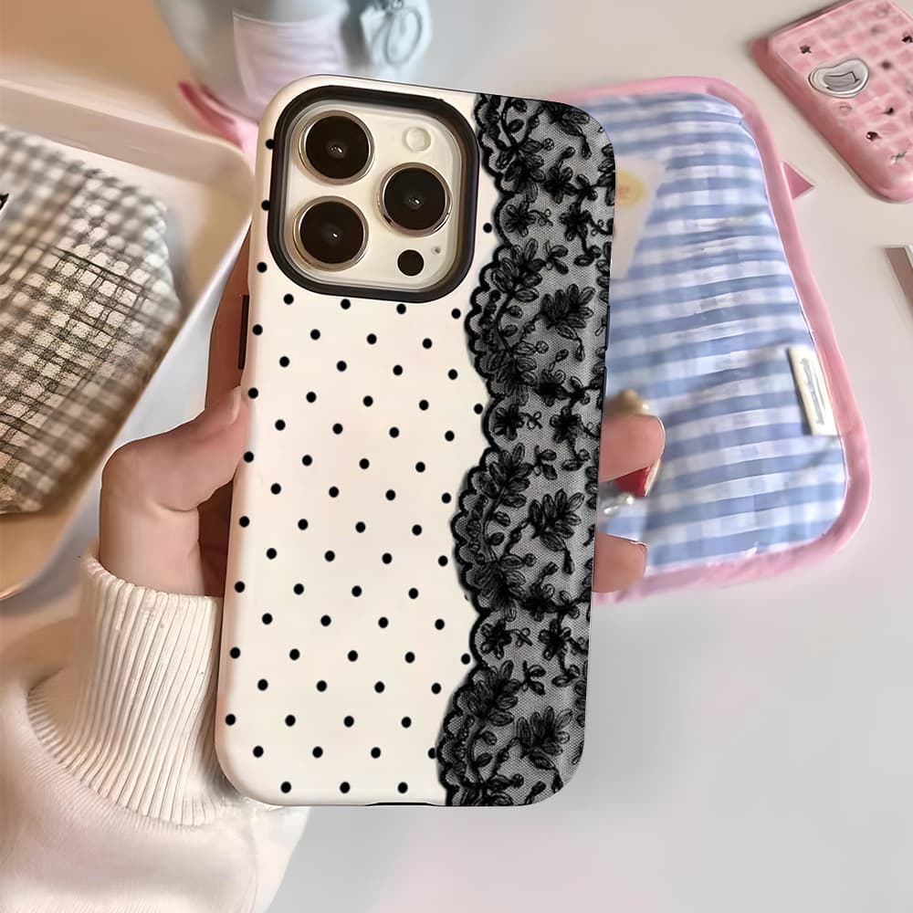 TK Hot Selling Black Polka Dot Lace Two-in-One Film Case for Apple 15/16/17 Full Series PC Drop-Proof Case