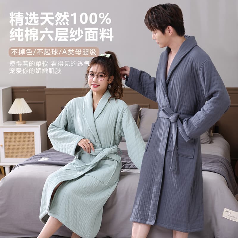 Five-Star Hotel Pure Cotton Bathrobe Autumn Winter Thickened Six-Layer Gauze Absorbent Sleepwear Homestay Hot Spring All-Cotton Bathrobe Wholesale