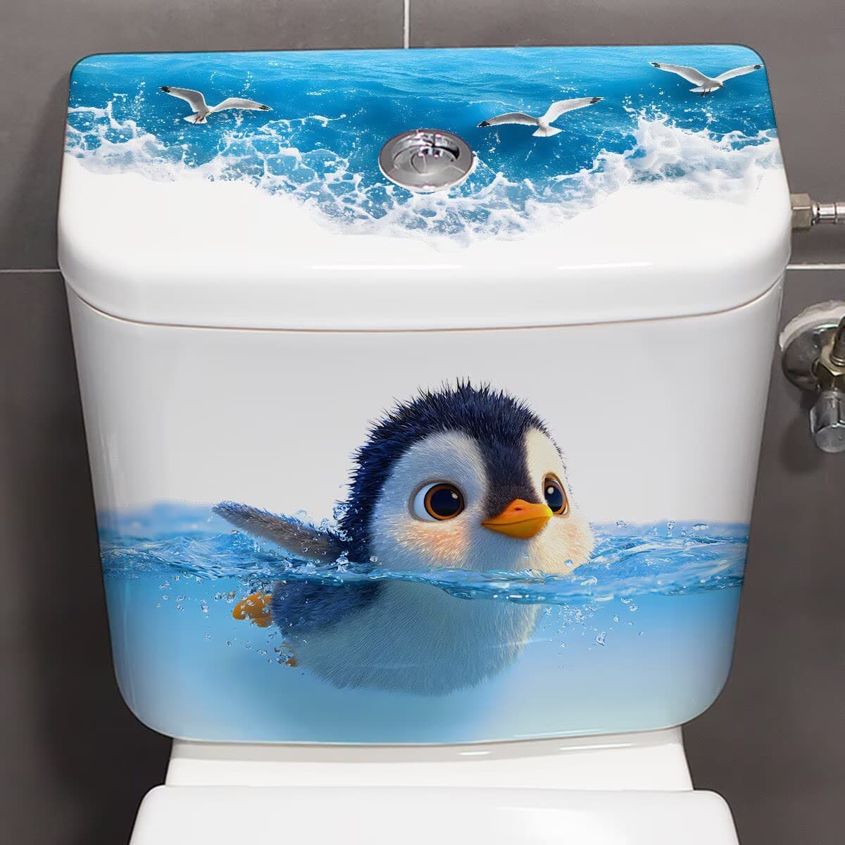 Ocean Penguin Toilet Sticker Self-Adhesive Waterproof Bathroom Toilet Decal Toilet Seat Beautifying Sticker