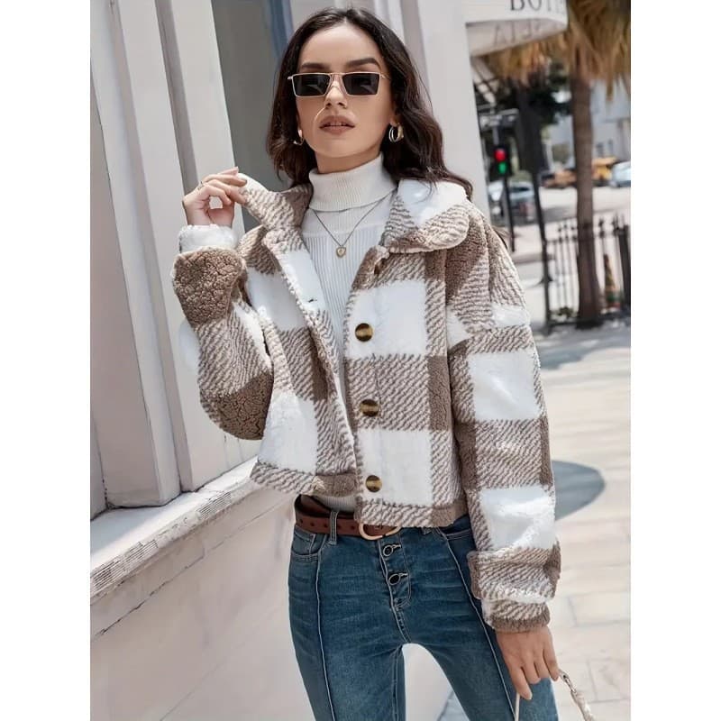 Ready-to-ship cross-border European and American women's Amazon 2025 autumn/winter plaid pattern fleece button cardigan casual warm coat