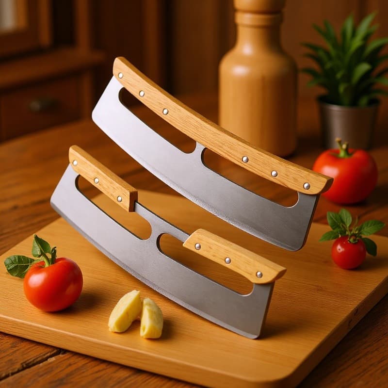 Cross-border Home In-Stock Stainless Steel Pizza Cutter Wooden Handle Half-Moon Pizza Roller Dual Handles Easy Operation PP Protective Cover
