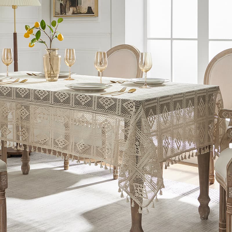 Lace Tablecloth Cotton Linen Artistic Dustproof Rustic Dining Table Cloth Hollow Out Home Non-Slip Table Mat Premium Heat Resistant