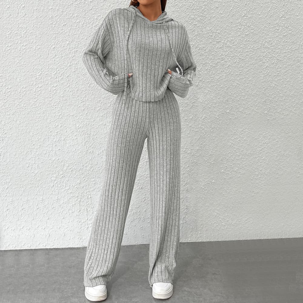 Fashionable Hooded Solid Color Women's Home Loungewear Two-Piece Set, Simple Design, Comfortable Polyester Long Sleeve Pantsuit
