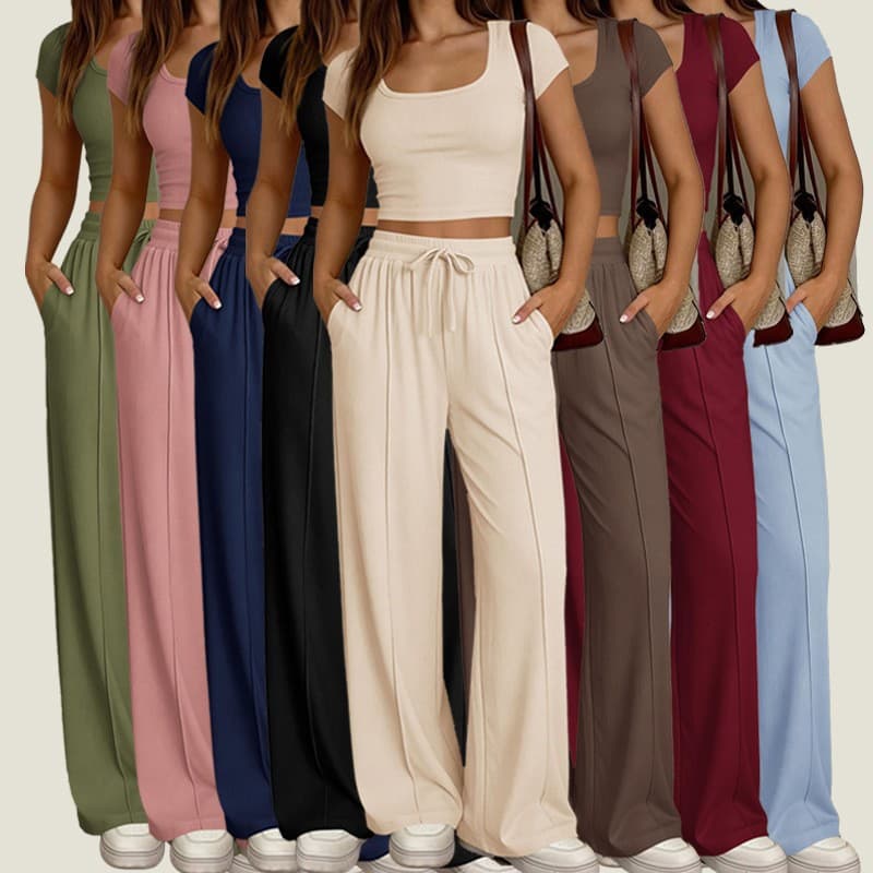 Cross-border Spring/Summer New European and American Casual Slim Fit Y2K Two-Piece Set Short Sleeve and Long Pants Commuter Set for Women