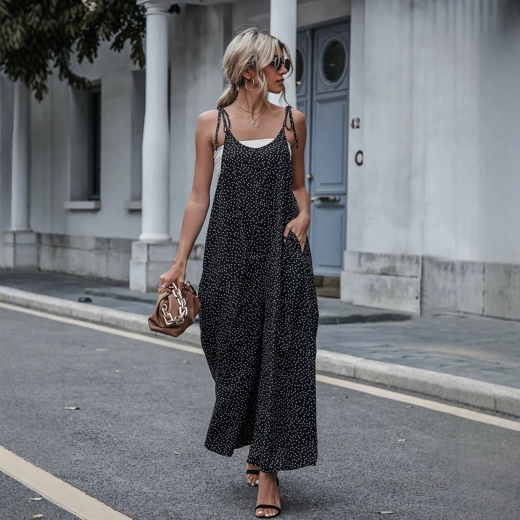 Women's Polka Dot Halter Jumpsuit, Loose Relaxed Tie High Waist Wide-Leg Casual Romper, Overseas Warehouse
