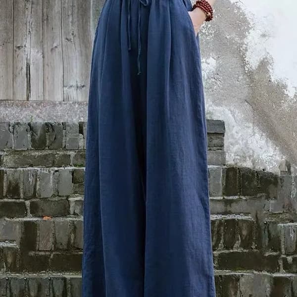 New Spring and Summer Straight Leg Pants, Versatile Artistic Retro Simple Elastic Waist Loose Casual Wide Leg Pants for Women