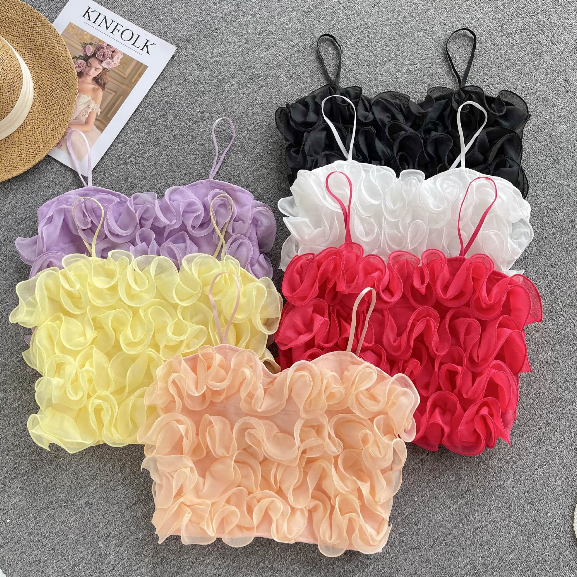 Summer New Style French Heavy Mesh 3D Flower High-waisted Cropped Tank Top Pure Desire Wrap Chest Top For Women