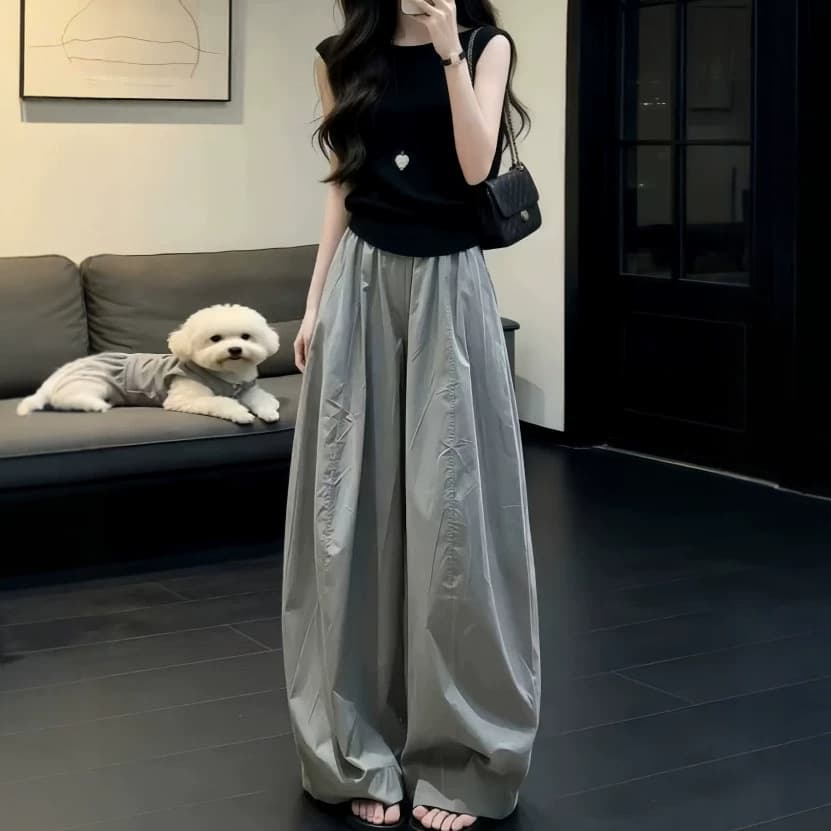 2026 Korean Style Chic Outfit Set Summer New French Sleeveless Top Wide Leg Pants Two-Piece Set for Women