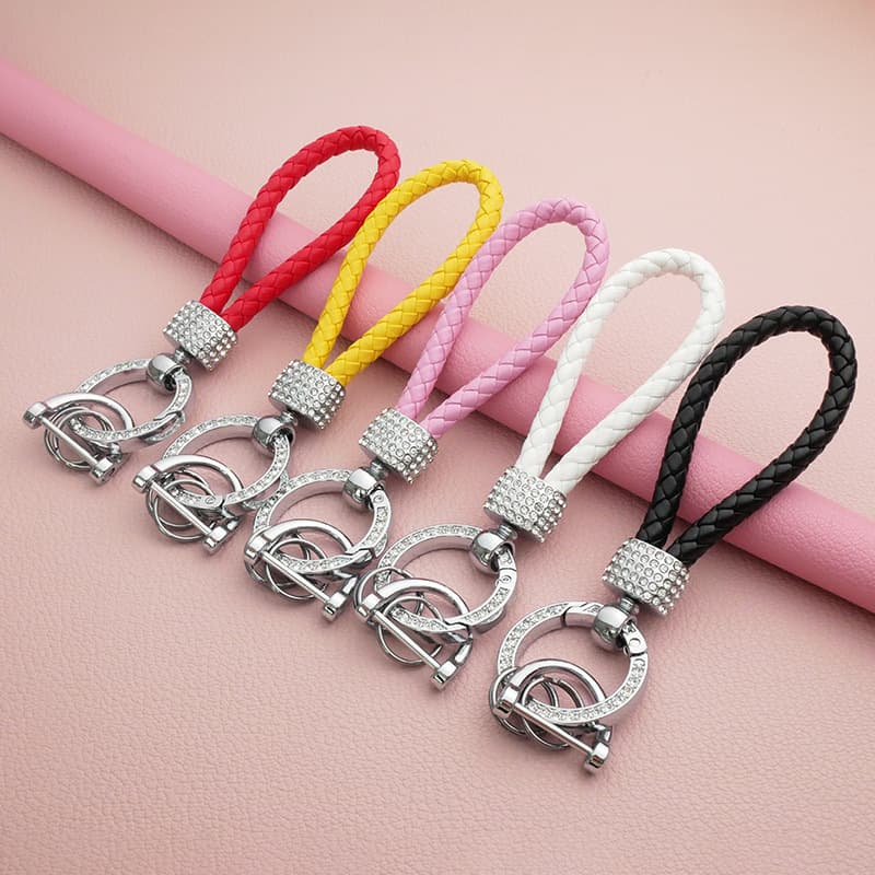 Diamond-Inlaid Handmade Leather Braided Car Keychain Luxury Pendant Zinc Alloy Horseshoe Buckle Anti-Loss Wholesale Creative