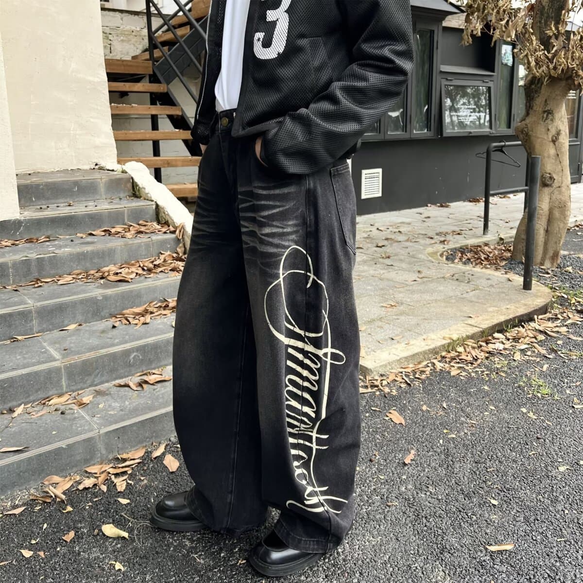 Vintage Premium Stitched Cargo Jeans for Men, Loose Fit, Niche High-Street Wide-Leg Dropped Straight-Long Pants
