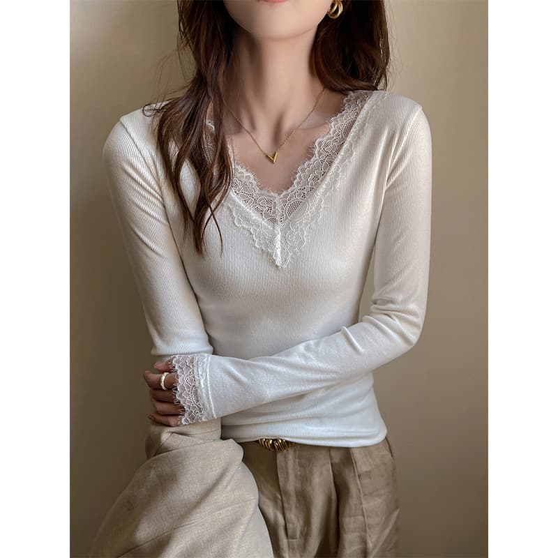 Regular Shoulder Lace Trim Panel Base Layer Top for Women, New Autumn Winter Inner Wear, Sophisticated Stylish Slim Fit V-Neck Long Sleeve Shirt