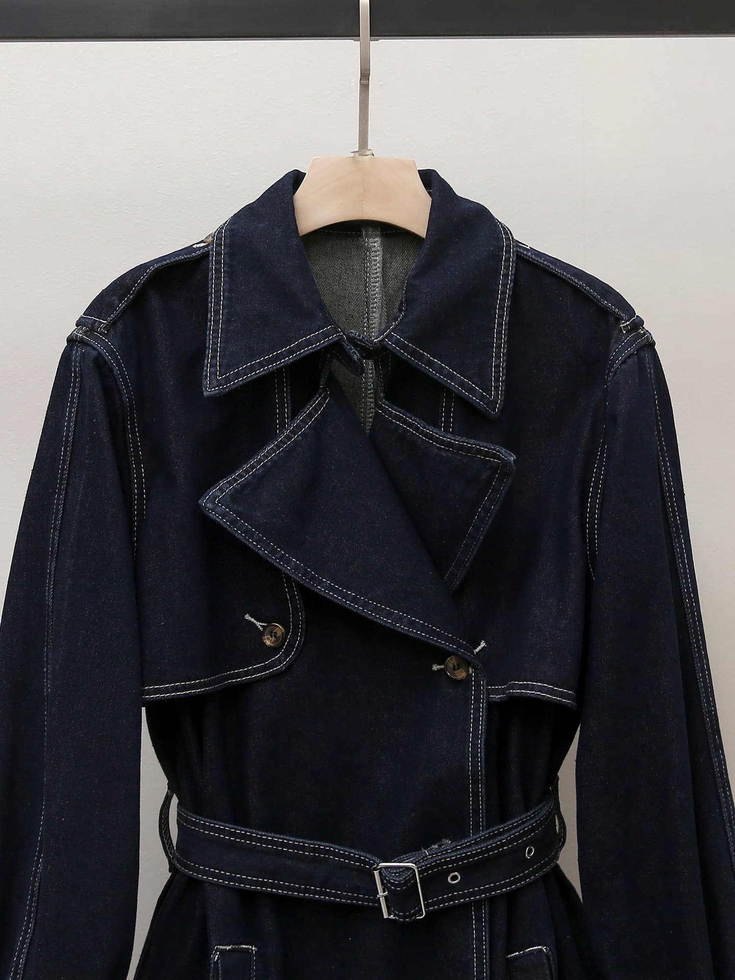 New Autumn/Winter Hong Kong Style British Elegance Slim Fit Double-Breasted Belted Long Denim Trench Coat