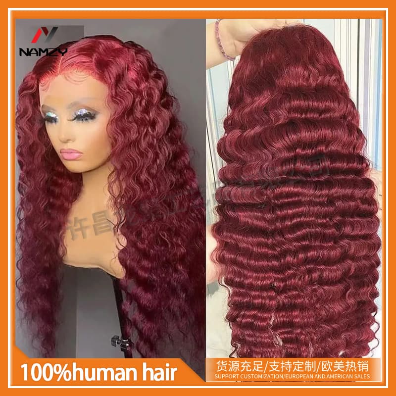 Cross-border 99j 13*4 Lace Burgundy Deep Wave Human Hair Wigs Drop Shipping
