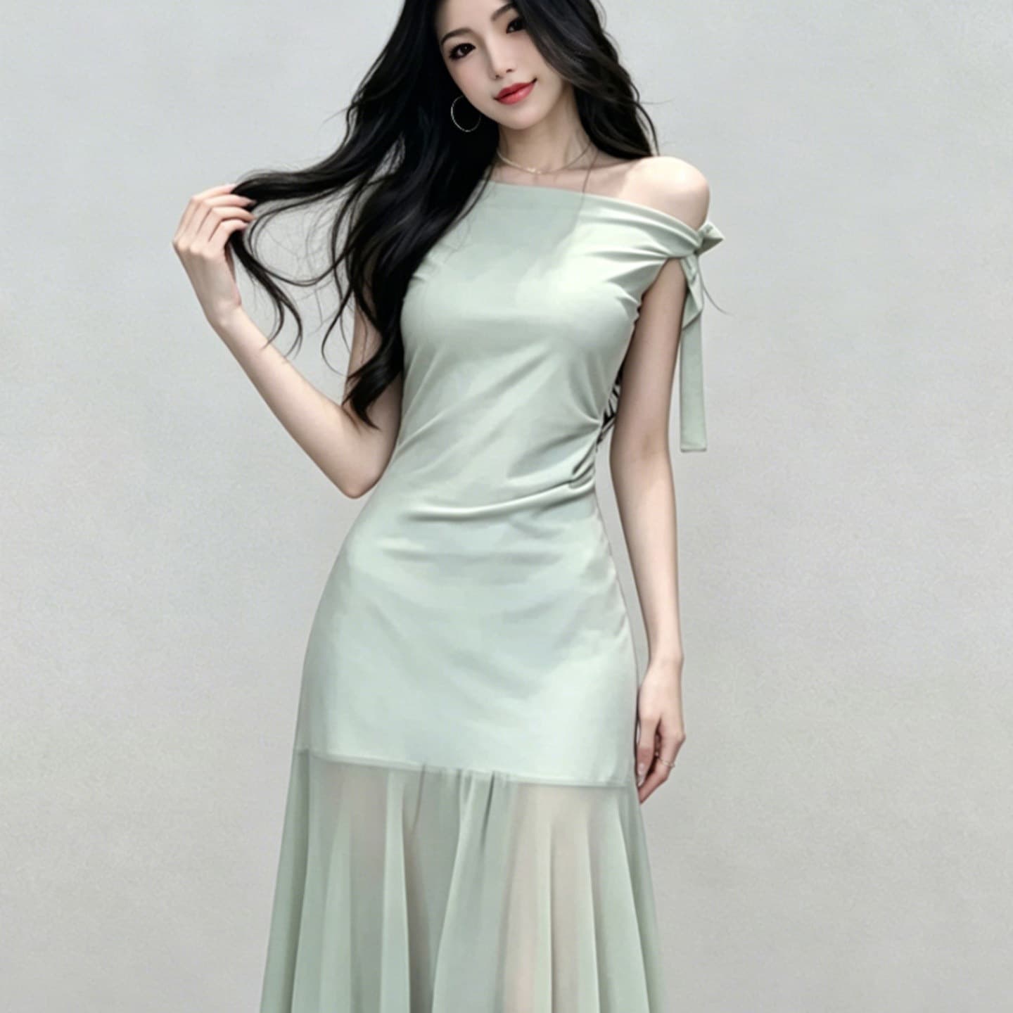 French off-shoulder slant-shoulder green dress for women summer 2026 new style small tulle fishtail hip-hugging long skirt