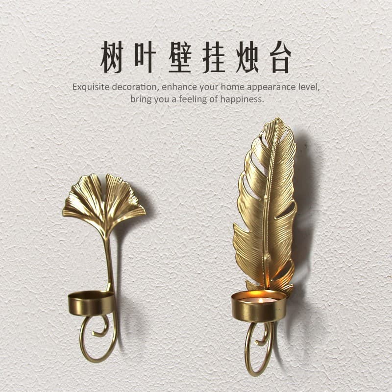 Cross-border Nordic light luxury golden leaf wall hanging candle holder bedroom living room iron wall hanging decoration shooting props