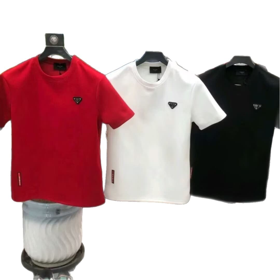 European Style Casual Fashion Half High Collar Short Sleeve T-Shirt for Men Summer Trendy Brand Light Luxury Triangle Logo Badge Tee