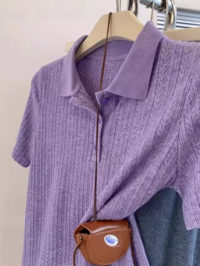 Korean-style women's premium purple regular-shoulder polo shirt summer ice silk short-sleeve T-shirt women's minimalist top A10822