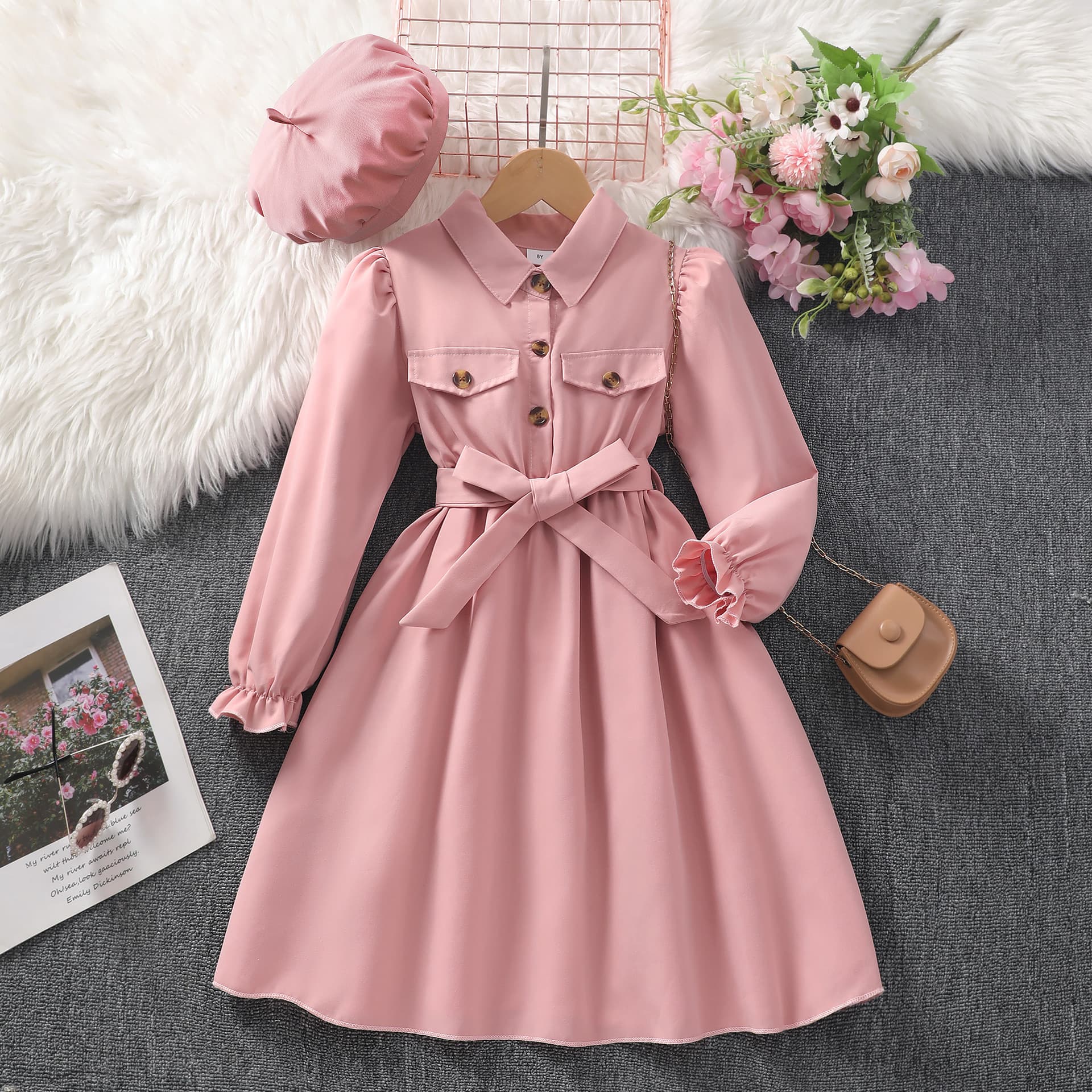 New Cross-Border Women's and Big Girls' Long-Sleeve Lapel Solid Color Dress with Belt and Hat, Drop Shipping