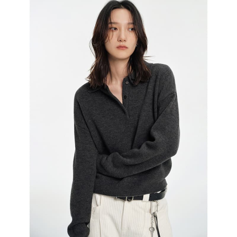 JUSLIN High-Quality Wool M*iu Style Layered Vintage Versatile Polo Collar Knit Sweater K