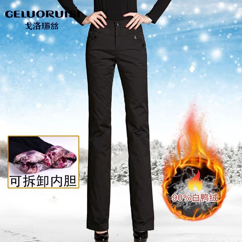 Women's high-waisted plus-size down pants, thickened white duck down cotton pants, winter fleece-lined, slightly flared casual long pants