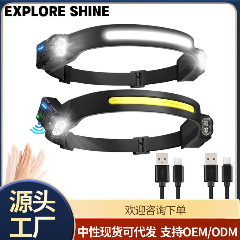 New Cross-Border Silicone Dual-Head Adjustable COB Headlamp, Rechargeable for Night Running, Cycling, Camping, with Motion Sensor Headband Light
