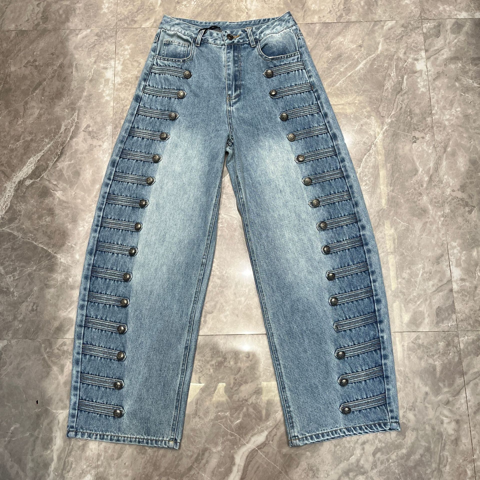Amazon Cross-border Hot-selling Heavy-duty Design Jeans for Women Early Autumn High-waist Retro Washed Blue Straight-leg Pants