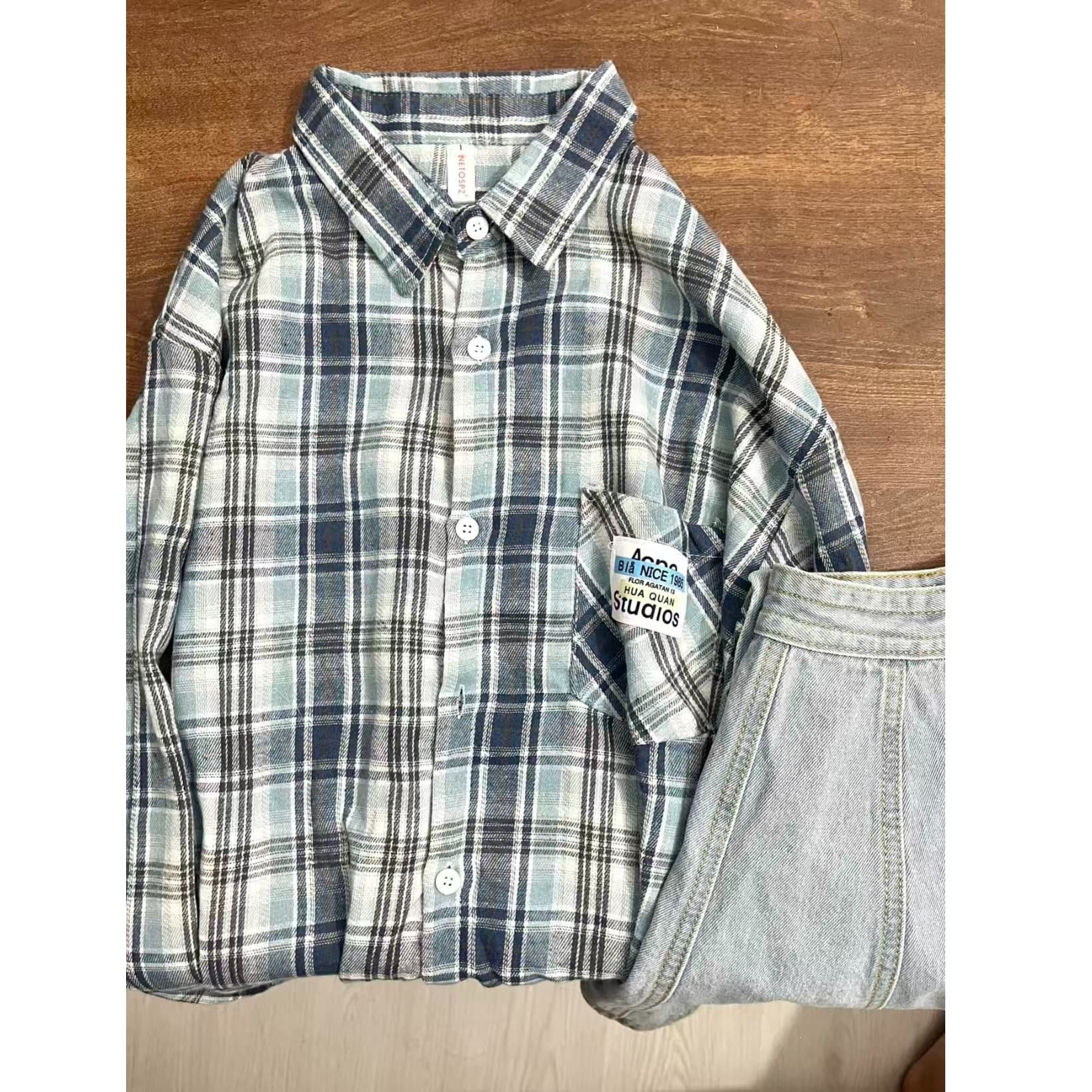 Korean Casual Blue Plaid Shirt for Women Summer Thin Outerwear Sun Protection Shirt Oversize Casual Shirt for Women