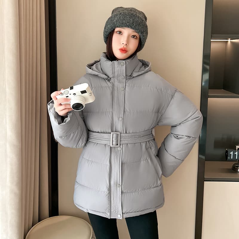 European and American Cotton Coat Women 2025 Winter New Fashion Mid-Length Tie Waist Slimming Hooded Cotton Jacket Outerwear