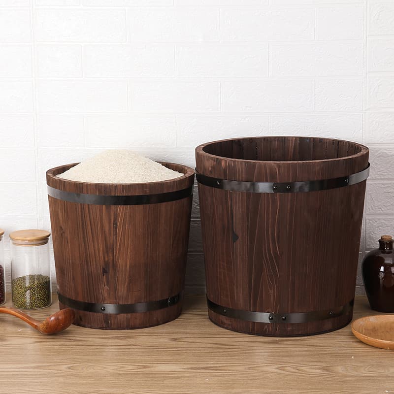 Home Wooden Rice Bucket Wooden Grain Canister Household Five Grain Storage Wooden Bucket Sealed Wooden Grain Container