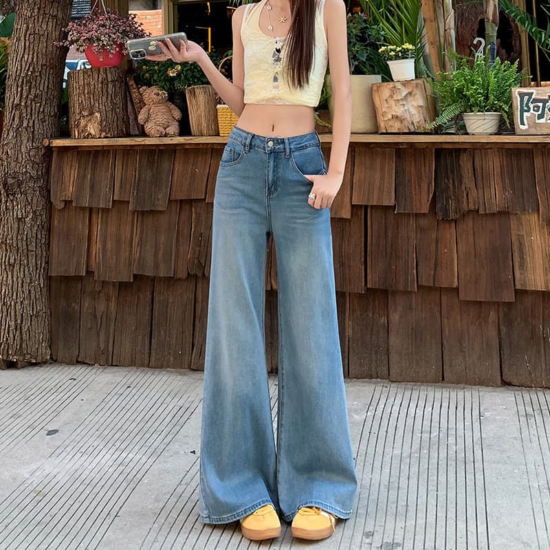 American Style Light Blue Tencel Thin Wide Leg Jeans for Women 2026 New Summer Ice Silk Versatile Loose Straight Leg Pants