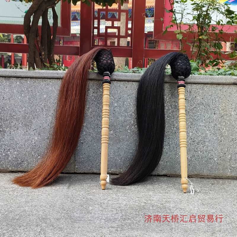 Black Horsehair Whisk Handle, Coffee Brown Buddhist Whisk, Peach Wood Martial Arts Whisk, Tai Chi Handmade