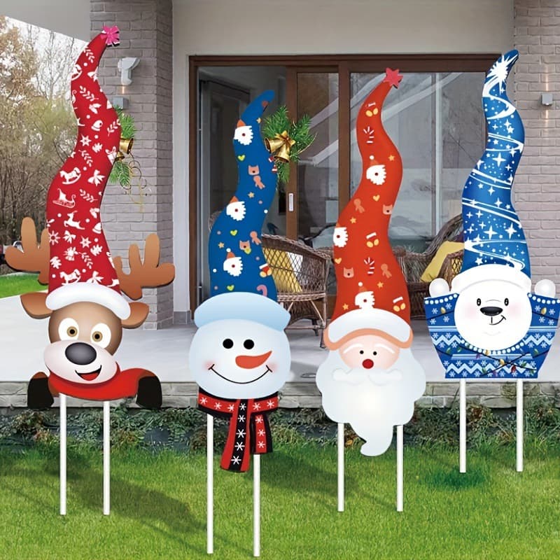 Cross-border 4-Piece Set Christmas Garden Stakes, Artistic Decorative Style Santa Claus and Reindeer Yard Signs
