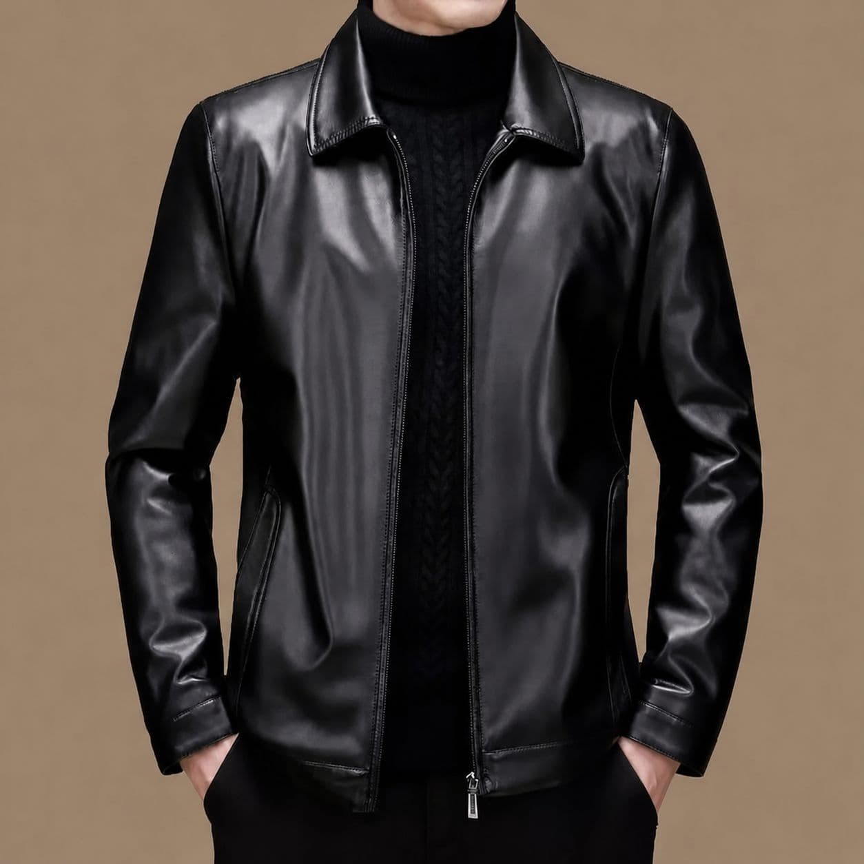 In Stock Haining Faux Leather Soft Leather Jacket Men's Lapel Jacket Winter Fleece-Lined Leather Jacket Casual Loose Dad Wear