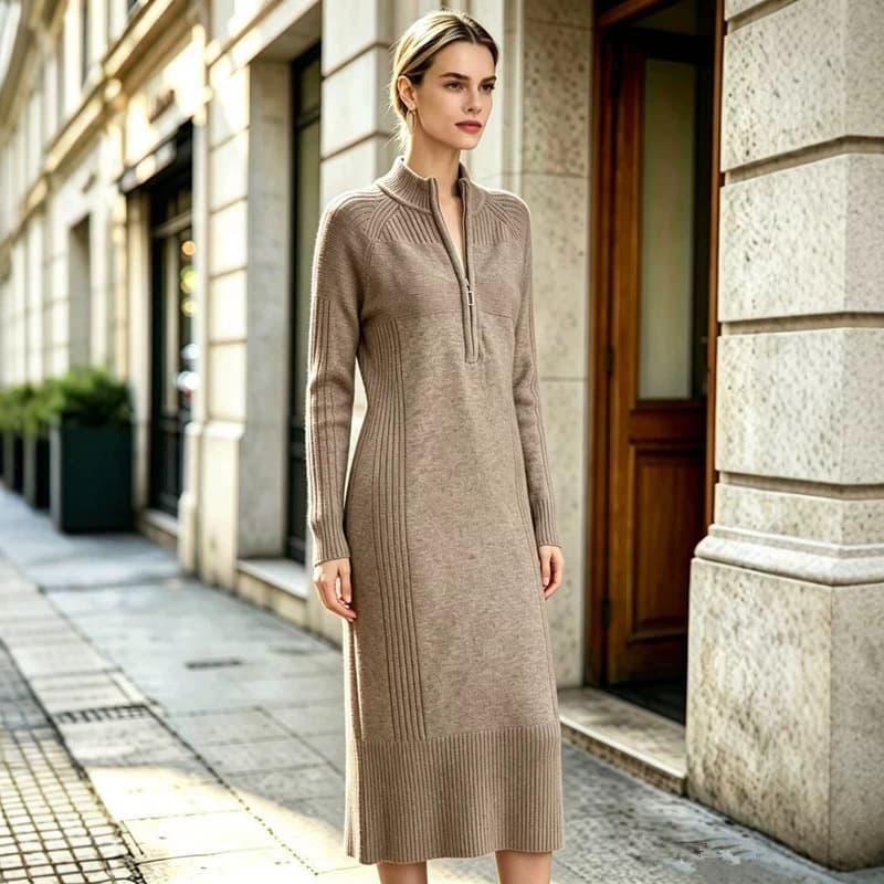 Women's Zip-Up Knit Dress, 2026 Autumn/Winter New Style, Long Sleeve, Thick, Loose Fit, Plus Size, Mid-Length Sweater Dress