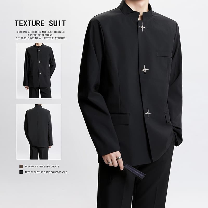 New Chinese-style suit jacket for men with designer metal buttons, padded shoulders, stand collar, and a Mao suit-inspired look
