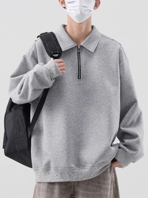 Black Half-Zip Sweatshirt Men's Autumn Winter New Edgy High-End Minimalist Versatile Loose Polo Collar Sweatshirt