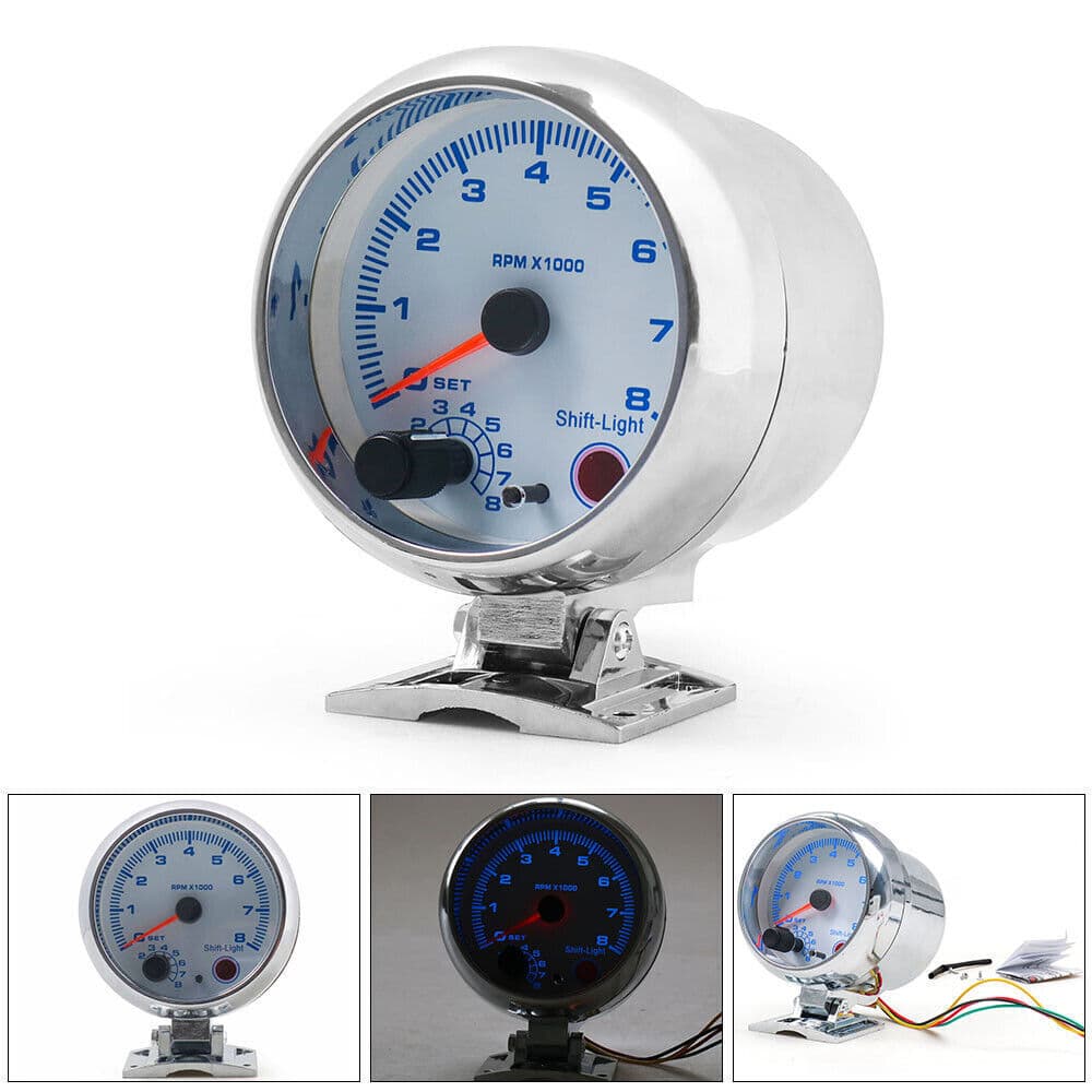 3.75 Inch White Face Chrome Shell Blue Light Car Tachometer, Car Gauge Modified Racing Gauge