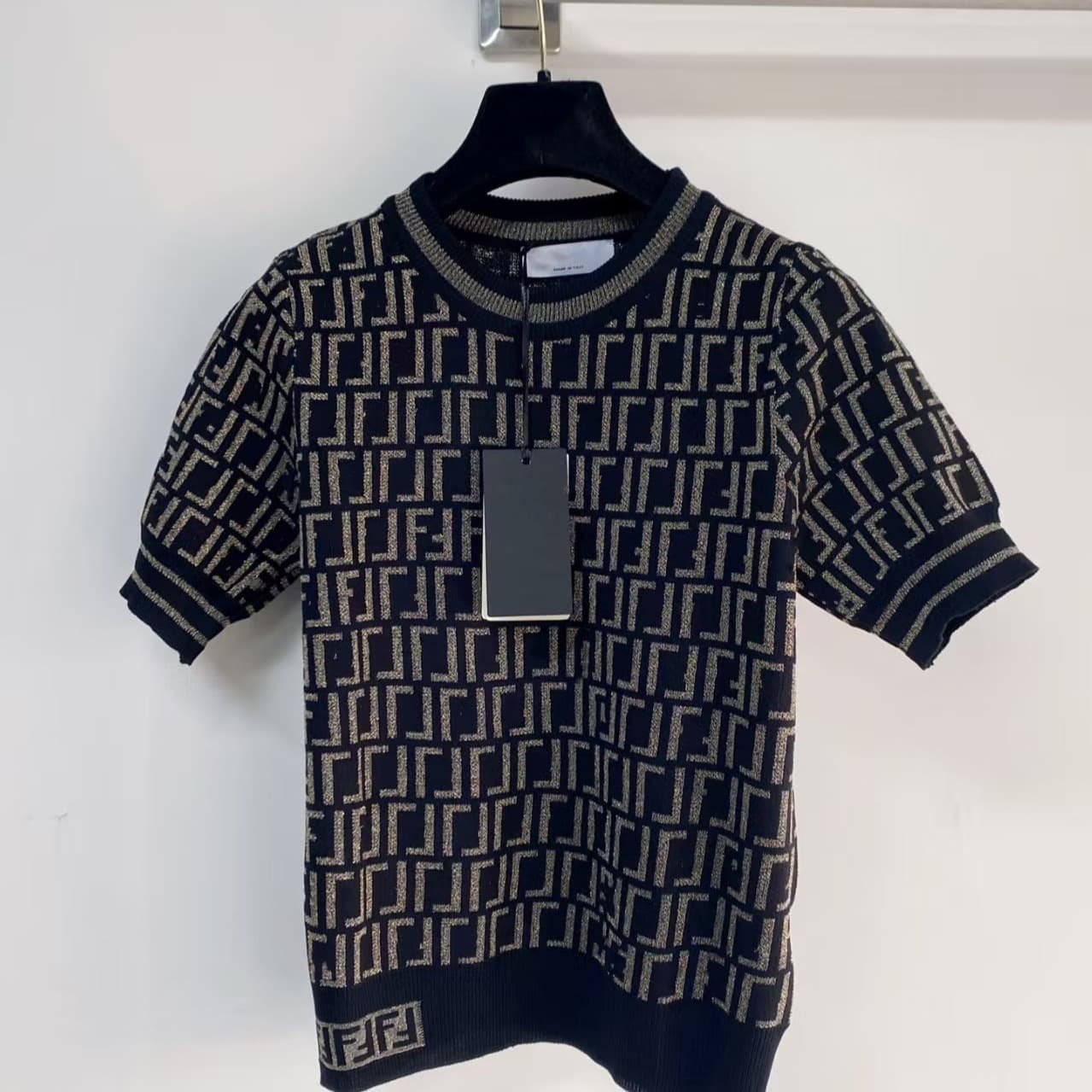 Nanyou High-Quality Gold Thread Double F Letter Jacquard Knit Short-Sleeve Slim-Fit Versatile Base T-Shirt Top