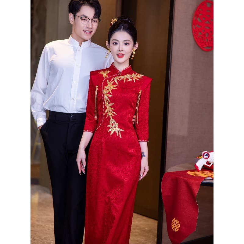 Red Cheongsam New Chinese Style Engagement Dress Women Toast Dress Bride High-End Elegant Wedding Long Sleeve Autumn
