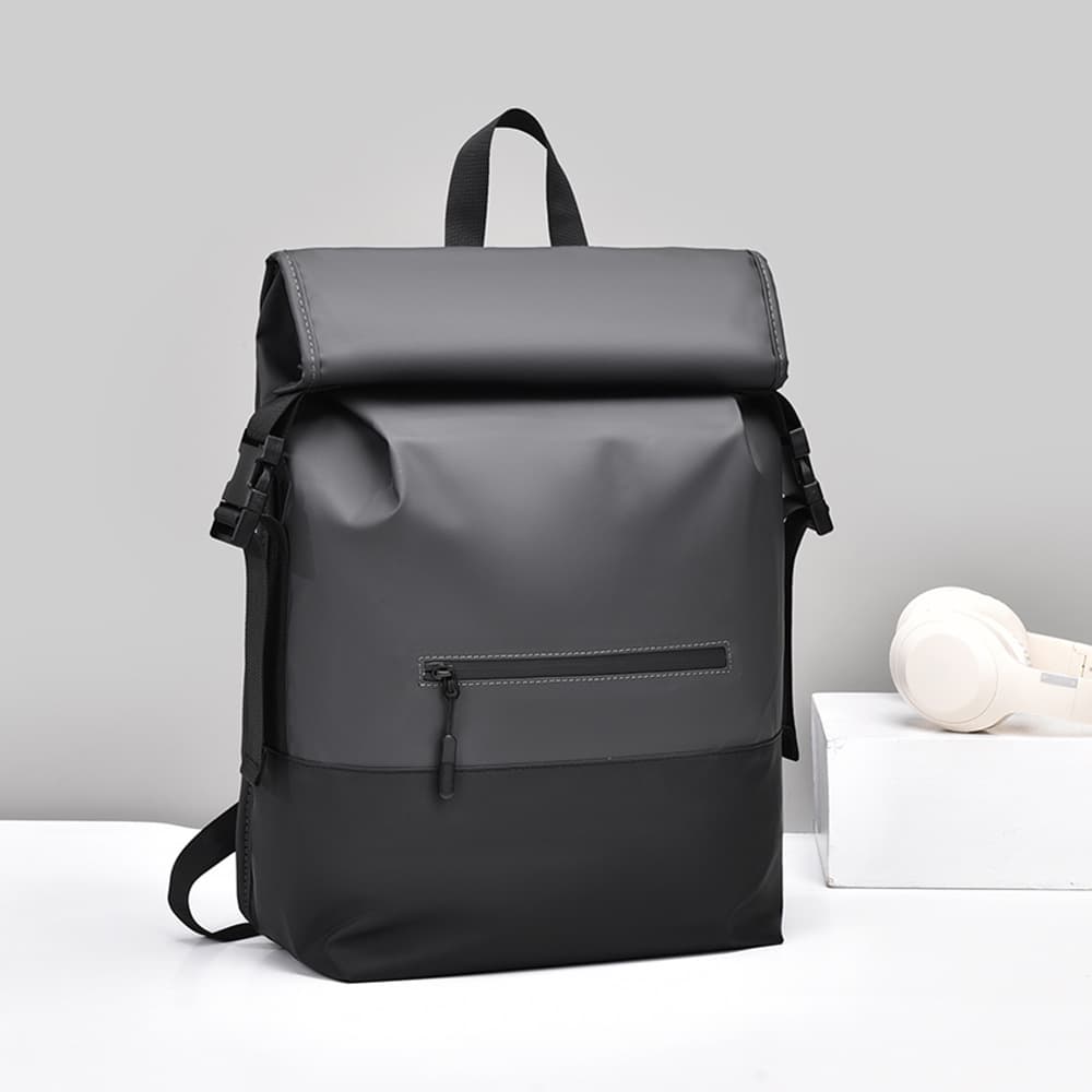 Men's Large Capacity Business Travel Backpack Fashionable Commuting Roll-Up Design Anti-Water Leather Shoulder Bag for 15-Inch Laptop
