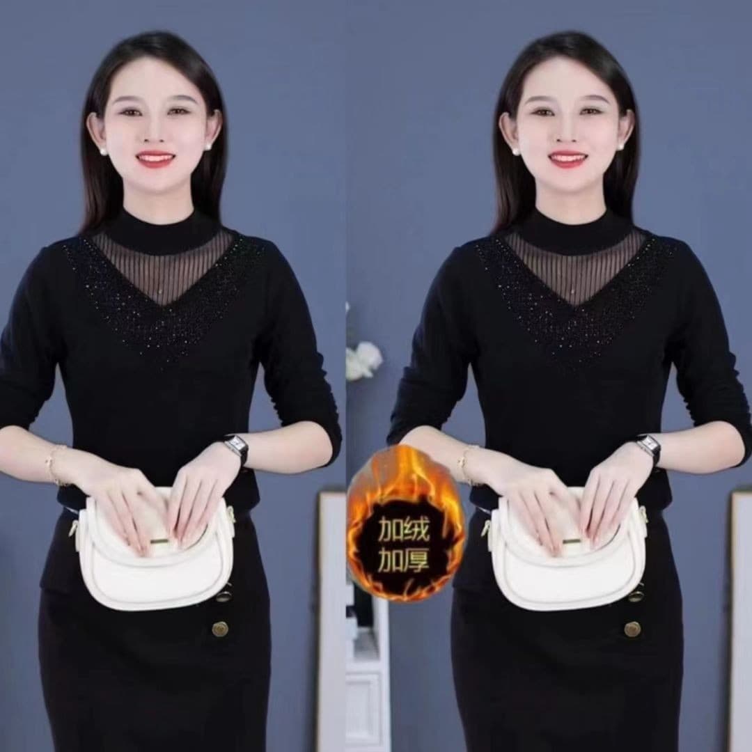 Mom Base Shirt Lace Fleece Lined Autumn/Winter Wear Semi-High Neck Inner Layer Long Sleeve Top Fashionable New Middle-Aged Women's Clothing