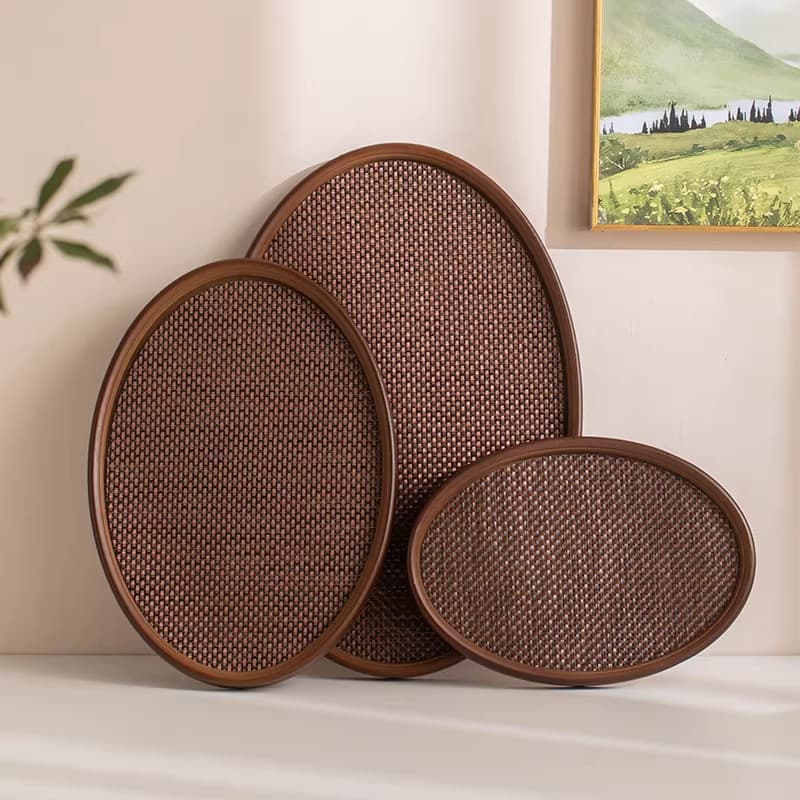 Oval Bamboo Woven Tea Tray with Walnut Wood Edge, Home Dry Tea Tray, Snack Plate, Fruit Plate, Storage Tray