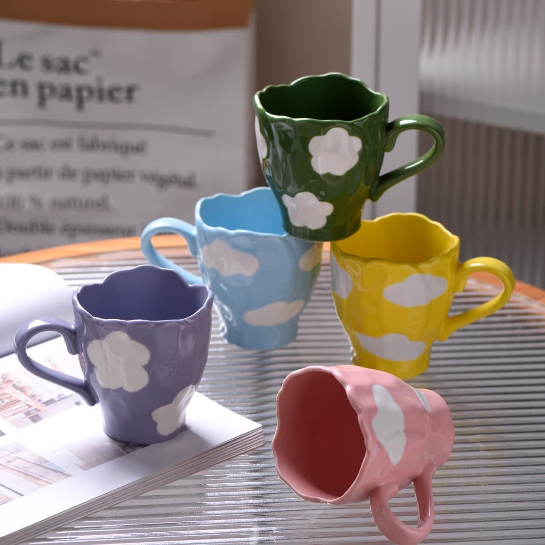 Ins Pinch Cup Hand-Painted Flower Cup Cloud Cup Premium Light Luxury Afternoon Tea Breakfast Milk Cup Minimalist